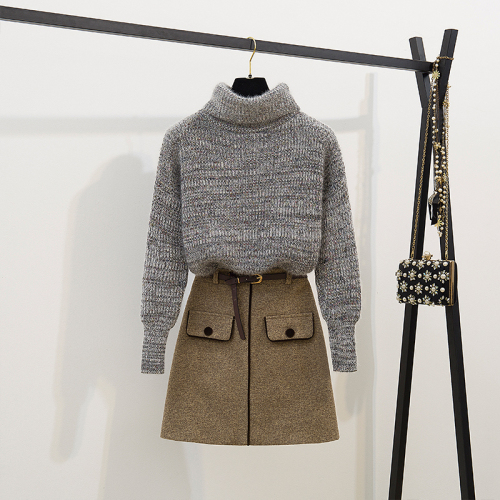 Turtleneck Pullover Sweater and Woolen Skirt 2 Piece Set Fall Winter New Knitted Jumper Tops and Button A-line Mini Skirt Suits alx