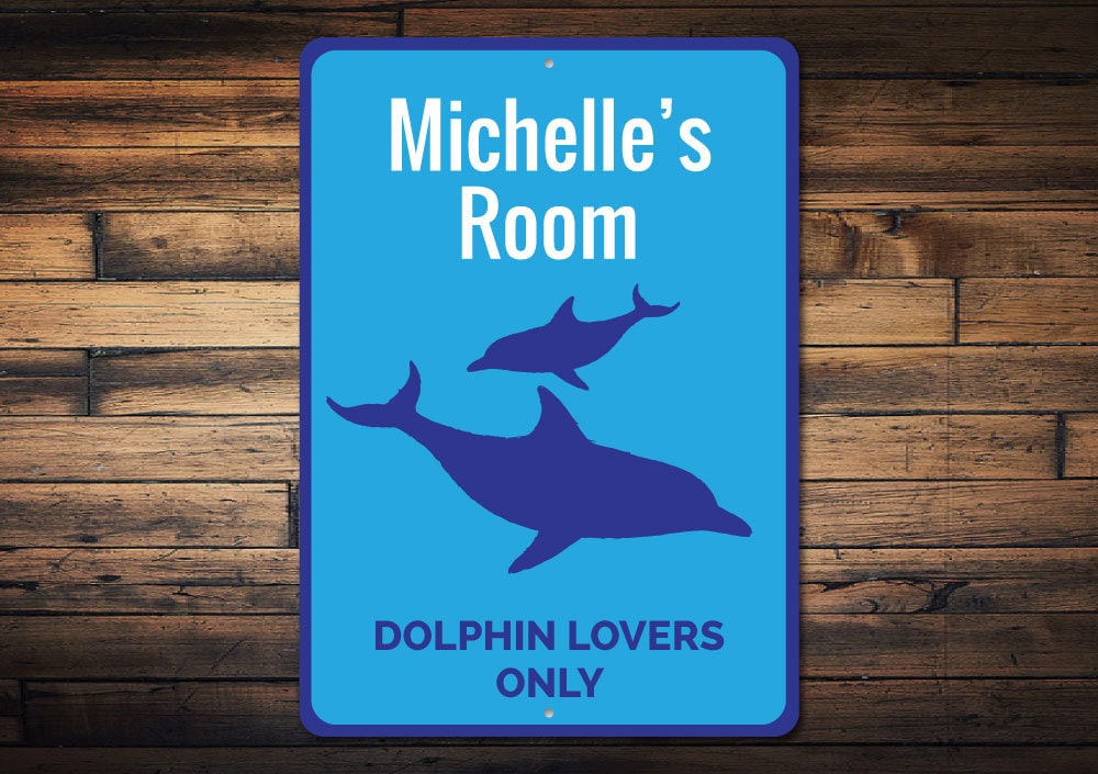 Dolphin Lovers Only Sign, Custom Kid Beach Bedroom Decor, Personalized Child Name Swimming Dolphins Gift – Novelty Aluminum Dolphin Signs