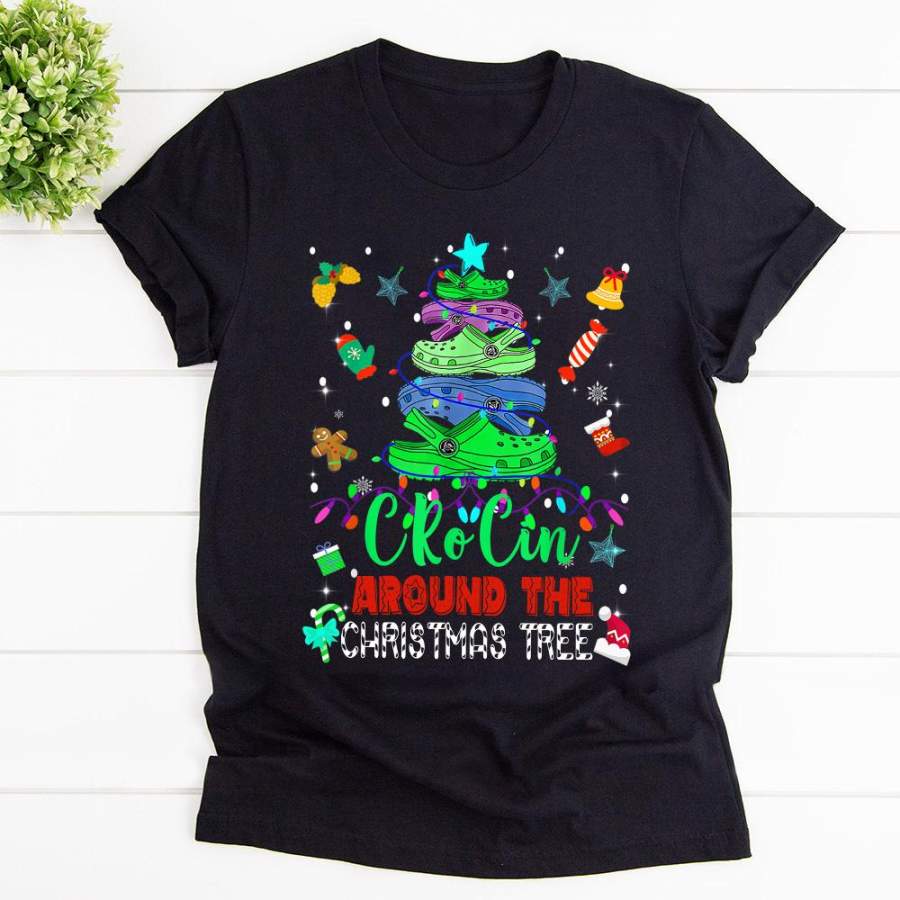 Christmas crocin around the christmas tree colorful light santa hat blue candy cane black cotton t shirt for men and women S-6XL