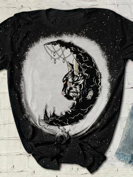 Black Cat Crescent Moon Halloween 3D All Over Printed T-Shirt For Men And Women, Happy Halloween Day