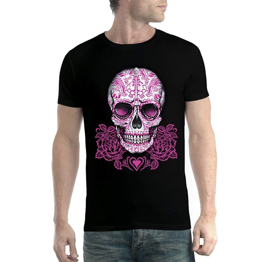 Pink Skull Heart Mens T-Shirt Short Sleeve T-Shirt