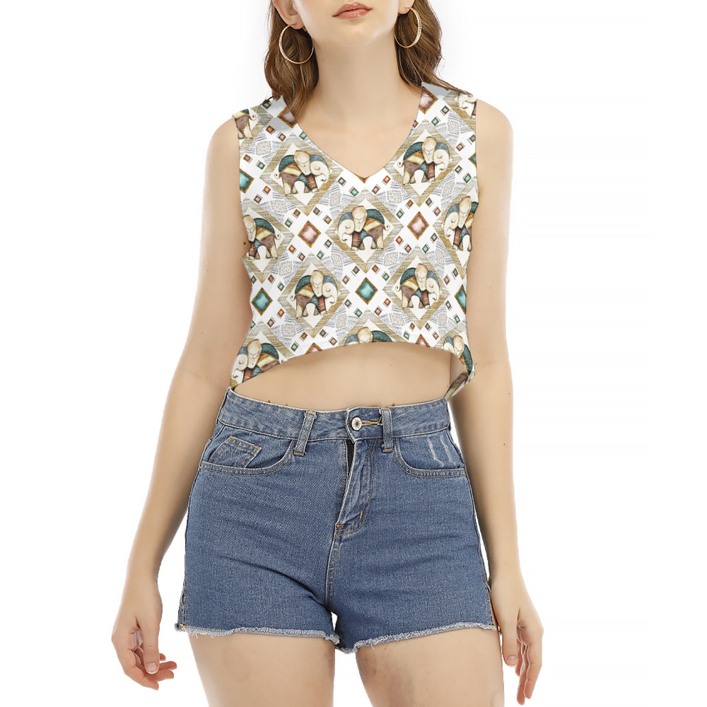 Indian Elephant Pattern V-Neck Sleeveless Cropped T-Shirt