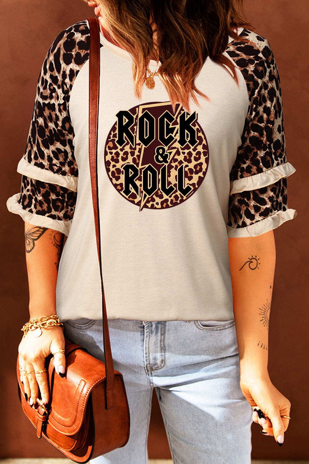 Rock & Roll Leopard Print Flounce Raglan Sleeve T Shirt