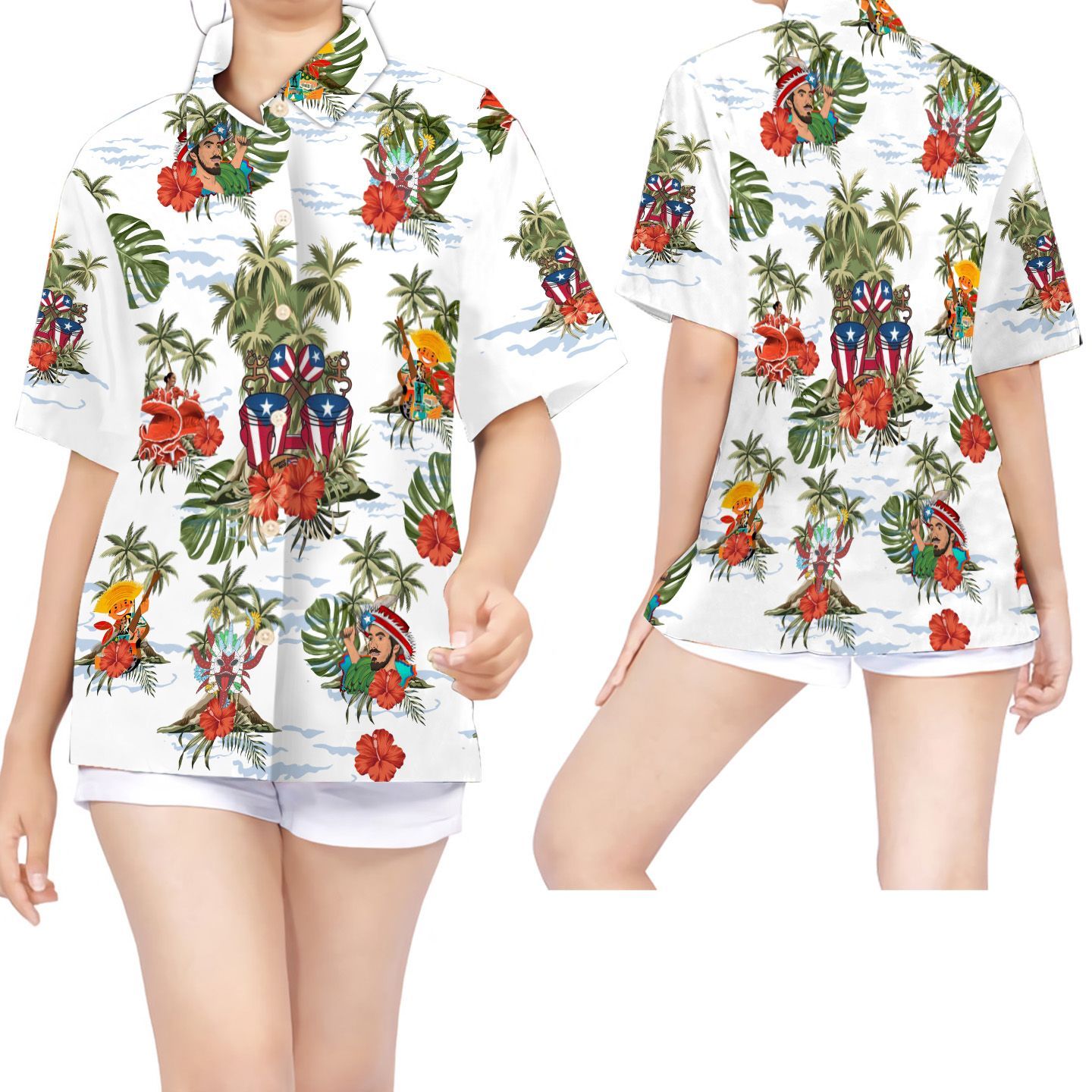 Beach Shirt Puerto Rico Musical Instruments Coconut Tree Women Hawaiian Shirt For Puerto Ricans