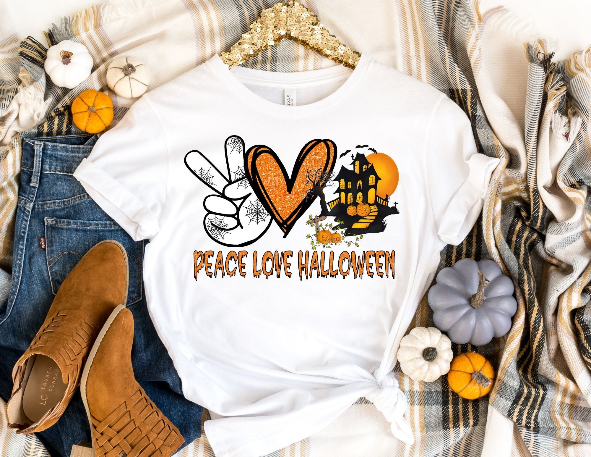 Peace Love Halloween Shirt, Happy Halloween Shirt, Halloween Shirt, Halloween Tee, Fall Shirts, Happy Halloween T-Shirt, Spooky Shirts T-Shirt Hoodie All Color Size S-5Xl