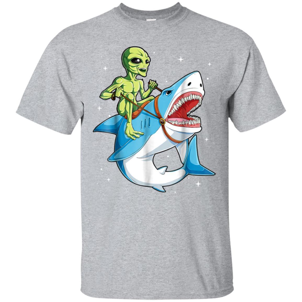 Alien Riding Shark T shirt UFO Women Men Kids Boys Girls Tee