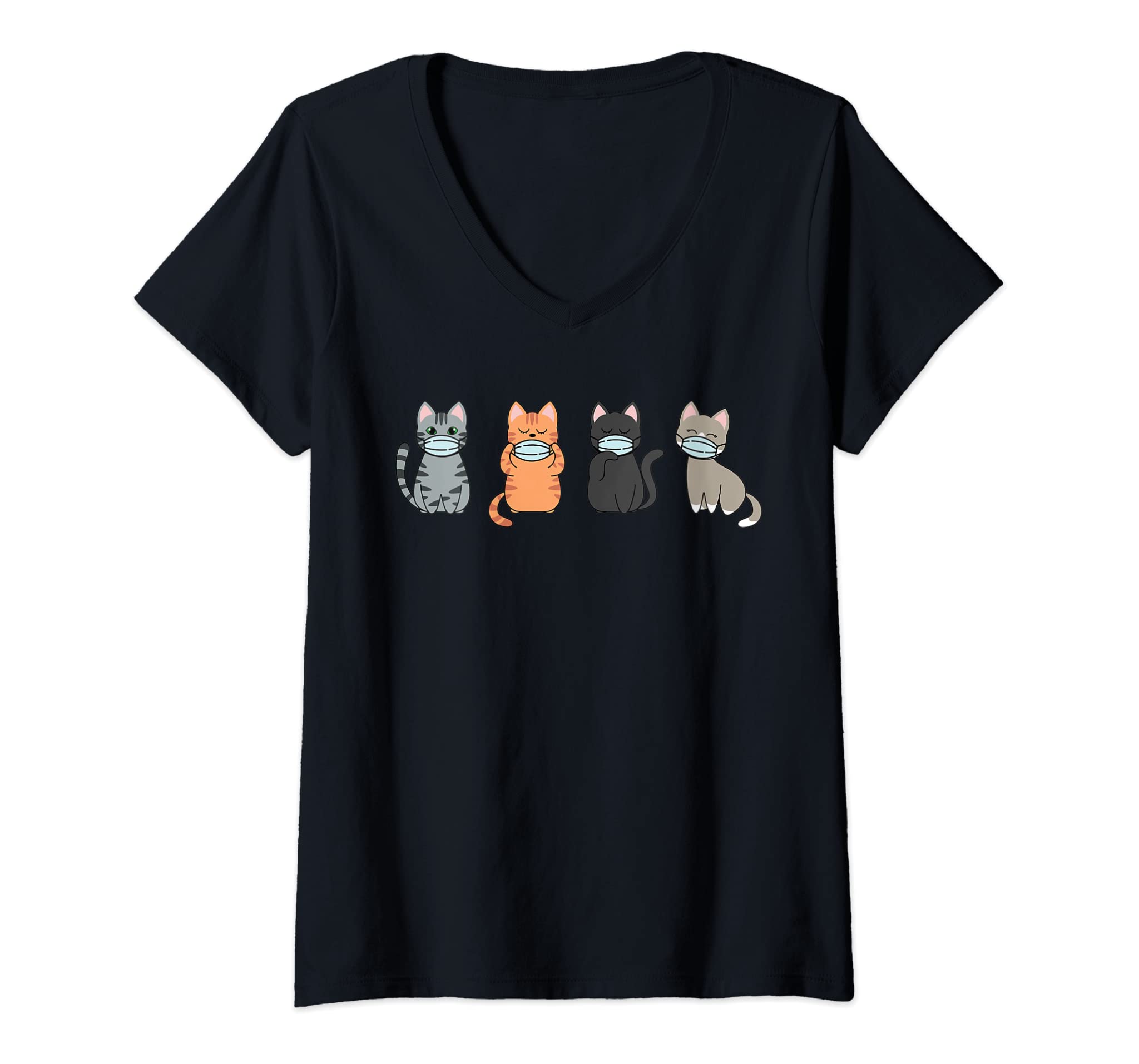 Womens Cat with Face Masks Orange Black Grey Funny Cats Cute Pet V-Neck