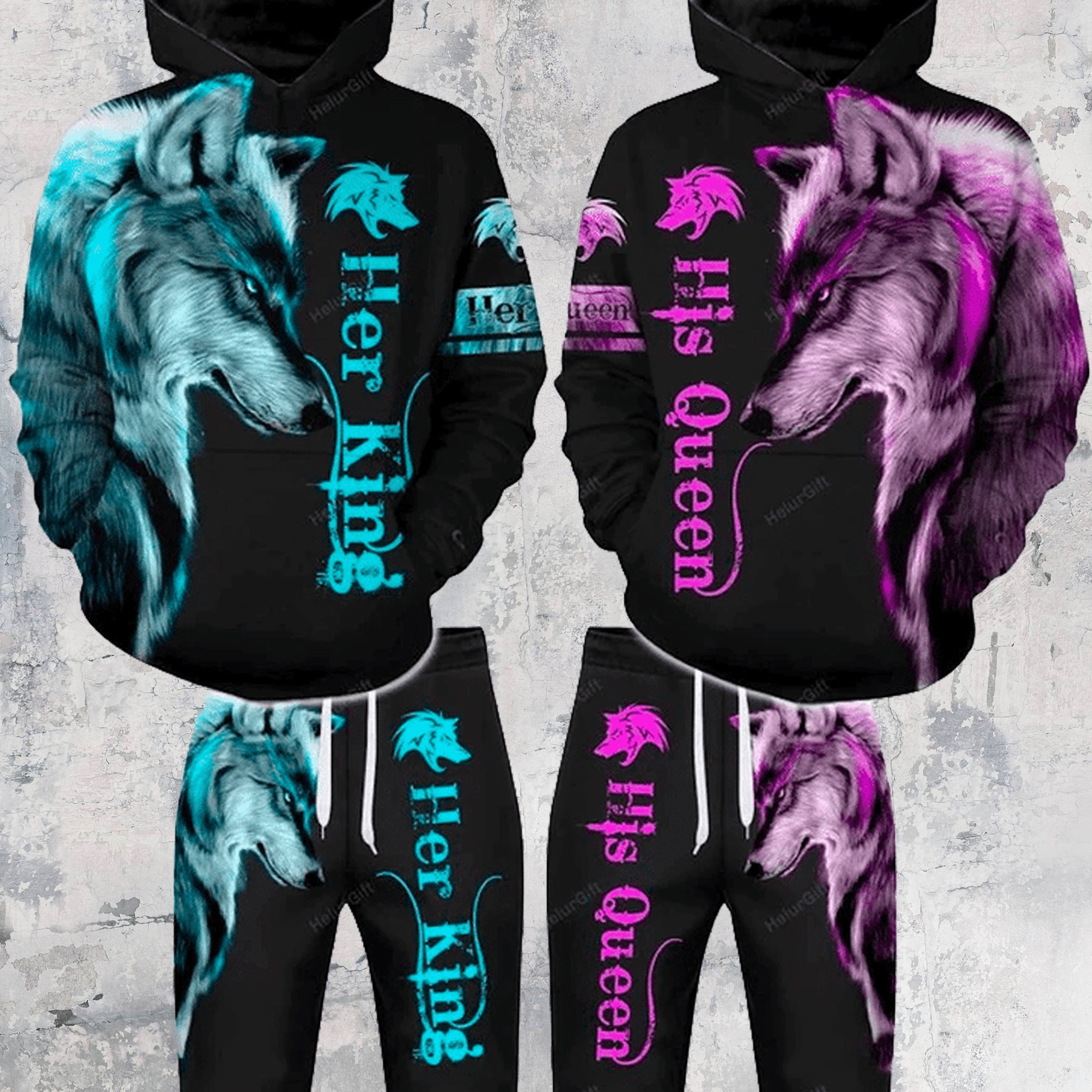 Couple Wolf Love – Her King His Queen Hoodie – Joggers #L