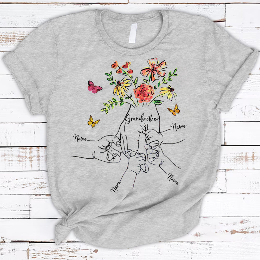 Personalized Grandmother Butterfly Flower Watercolor Holding Hands Grandkids Shirts For Grandmother