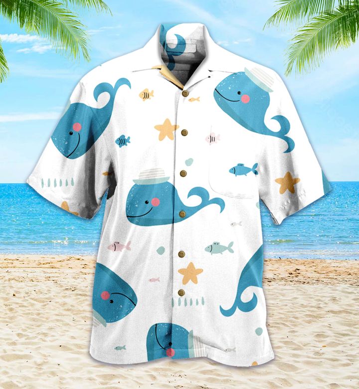 Cartoon Whales Small Blue 3D Hawaiian Shirt