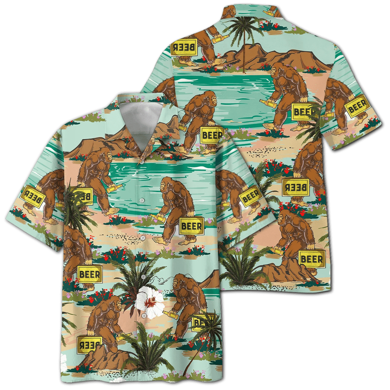 Bigfoot And Beer Green Tropical Summer Unisex Hawaii Shirts Beach Shorts Ha71057