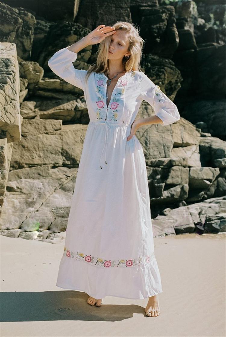 2021 Real Shot Bohemian Embroidered Flowers Drawstring Waist White Holiday Dress Free Shipping alx