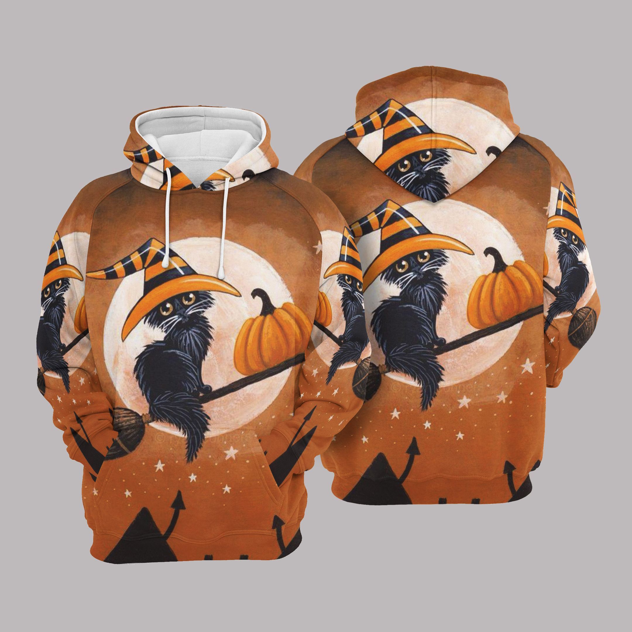 3D All Over Printed Witch Cat And Pumpkin Hoodies, Black Cat Halloween Hoodies