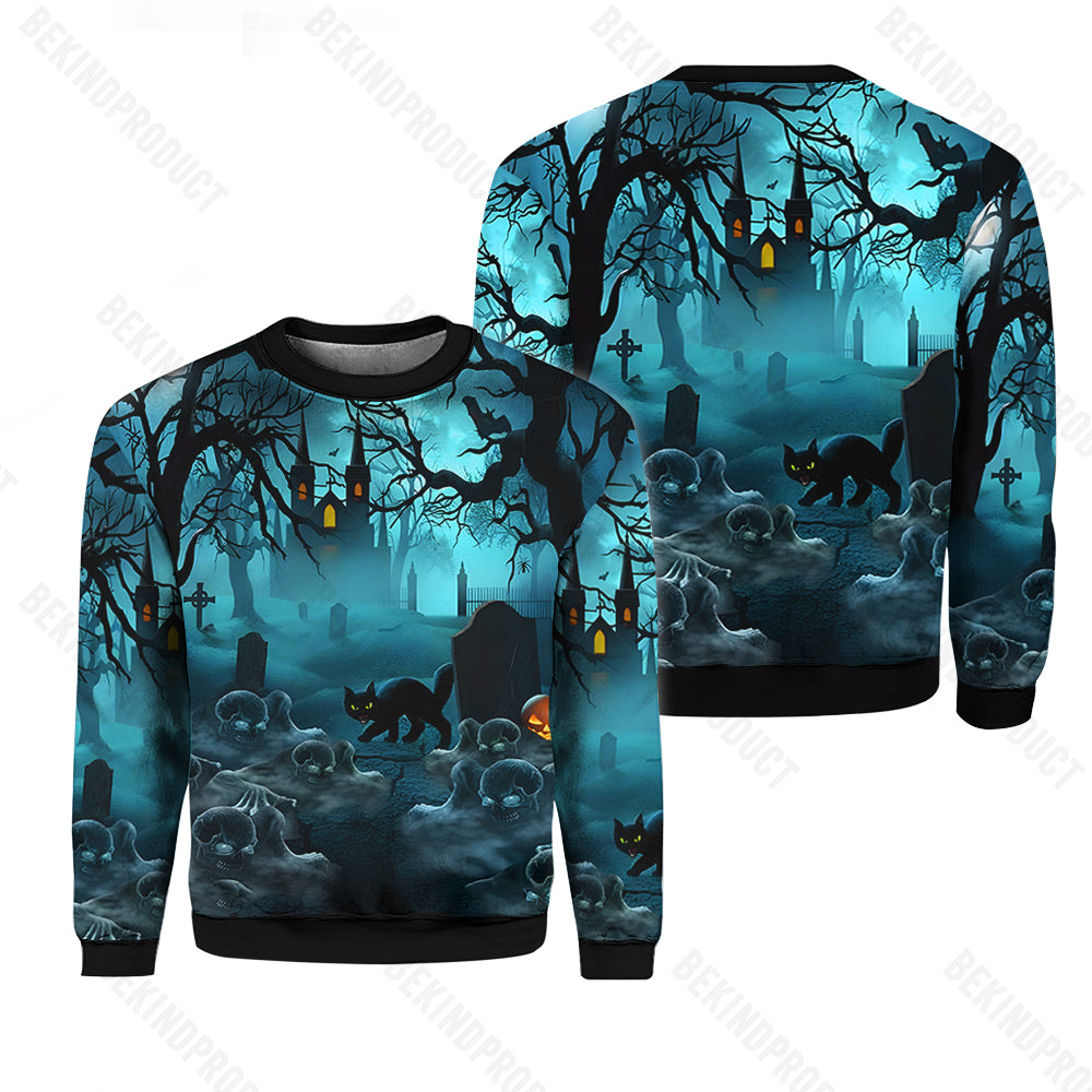 Black Cat Scary Halloween Crewneck Sweatshirt All Over Print Sweatshirt For Women Sweatshirt For Men