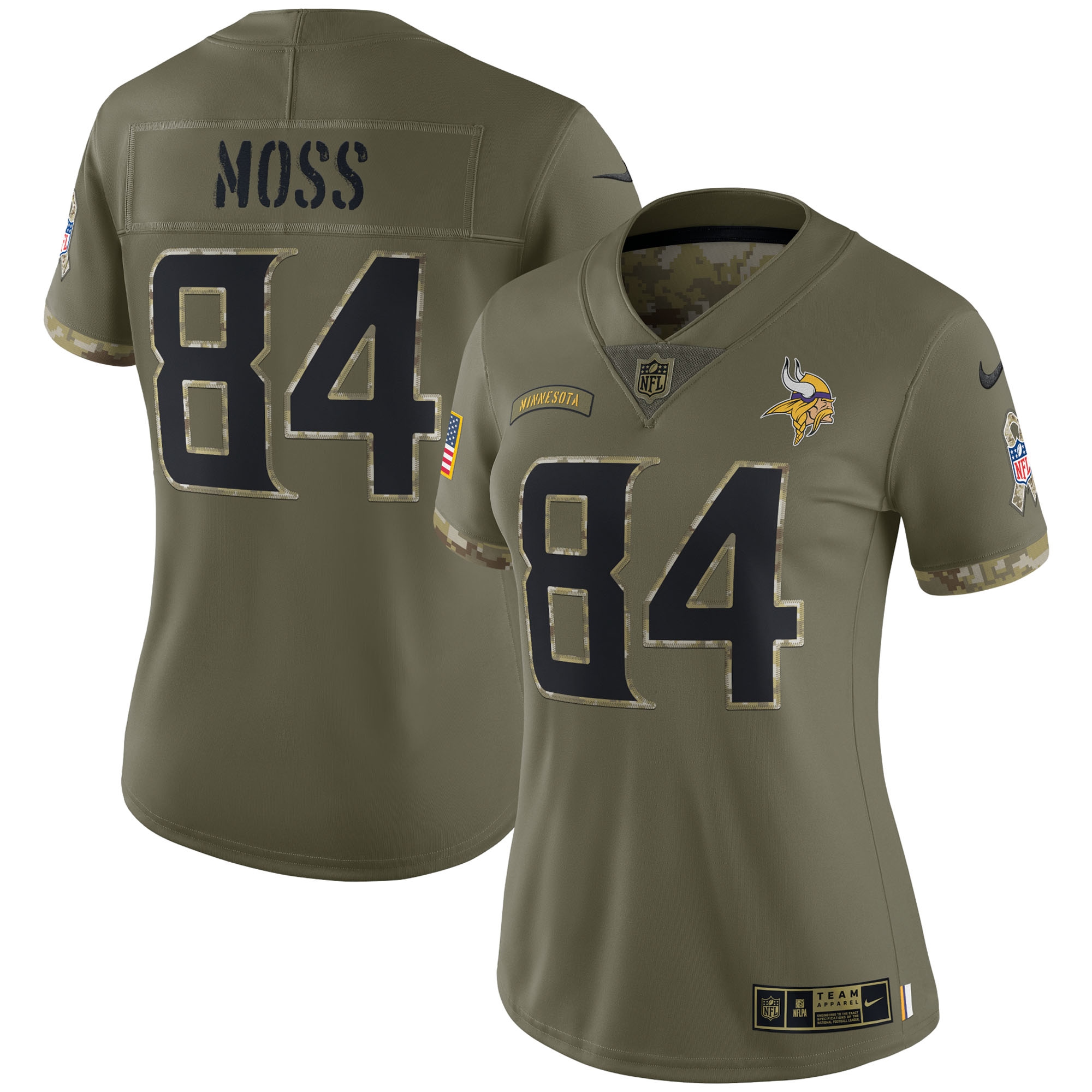 Women’s Minnesota Vikings Randy Moss Olive 2022 Salute To Service Retired Player Limited Jersey