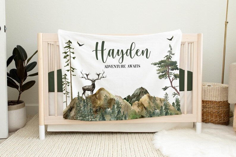 Woodland Nursery Baby Blanket, Stag Baby Blanket, New Baby Gift, Woodland Animal Baby Blanket, Deer Mountain Blanket W7