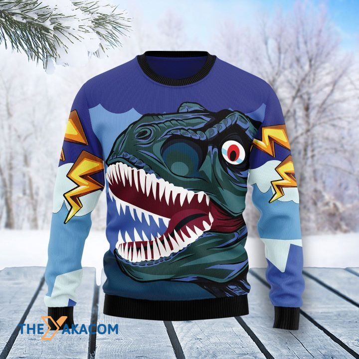 Scared Dinosaur Face With Thunder Gift For Christmas Ugly Christmas Sweater