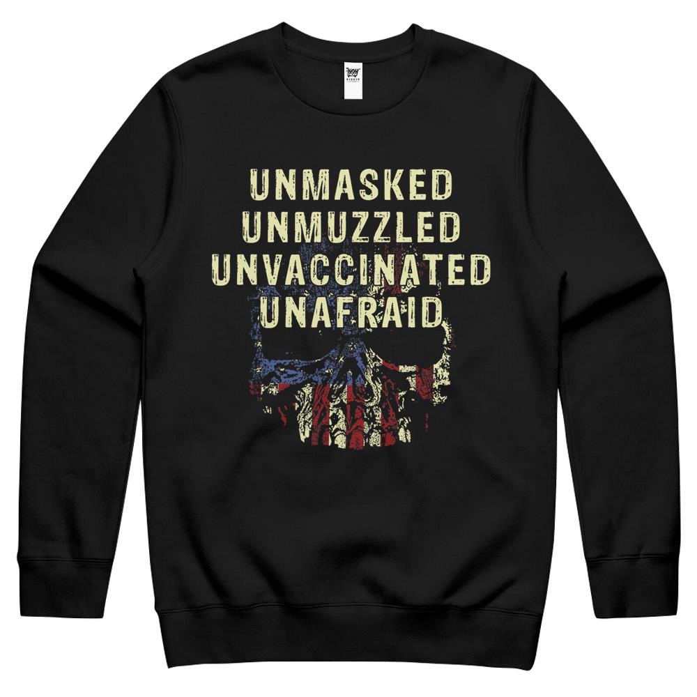 Unmasked Unmuzzled Unvaccinated Unafraid Skull Flag America Crewneck Sweatshirt