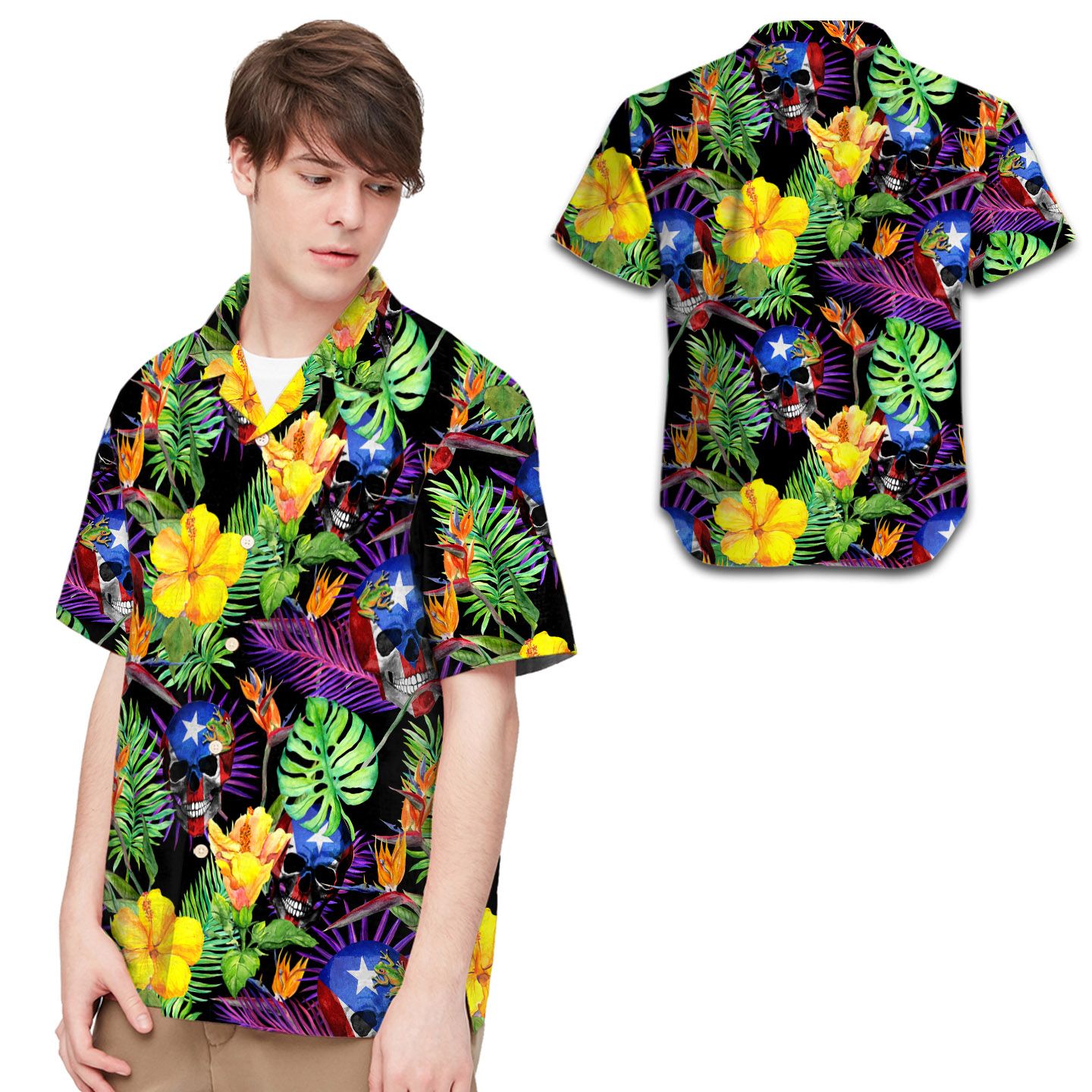 Puerto Rico Skull Tropical Flowers Men Hawaii Shirt For Ricans Ha46359