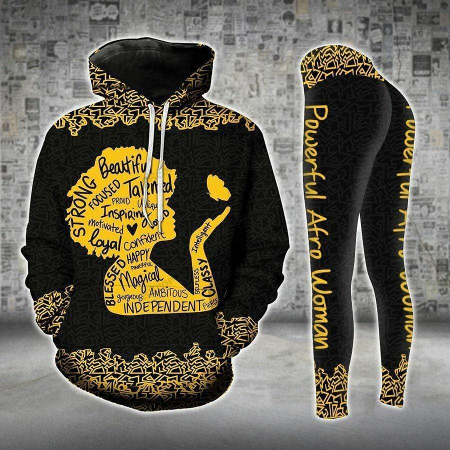 Black Powerful Afro All Over Print Leggings Hoodie Set Outfit For Women | Hts1375