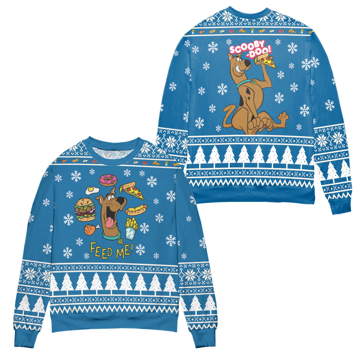 Scooby Doo Feed Me! Snowflake Pattern Ugly Christmas Sweater – All Over Print 3D Sweater – Blue