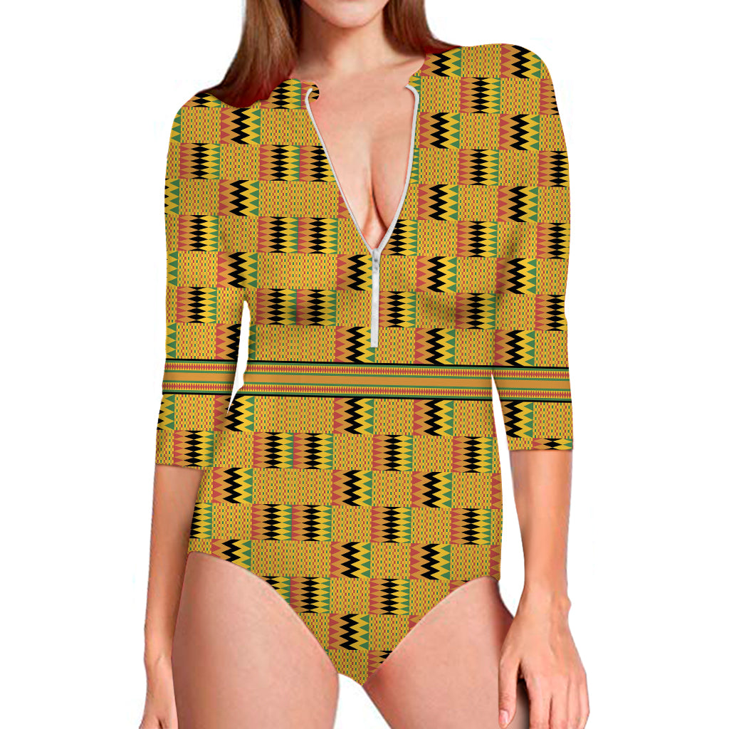 Yellow Kente Pattern Print Long Sleeve One Piece Swimsuit