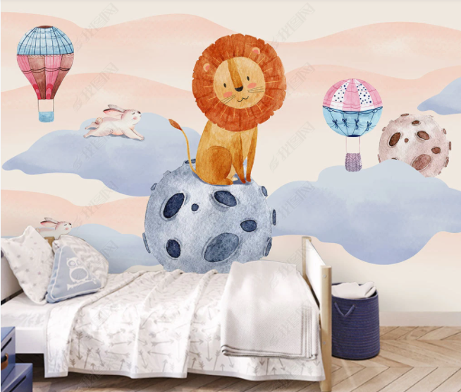 3D Hand Drawn Space Planet Hot Air Balloon Animal Lion Rabbit Cloud Abstract Wall Mural Wallpaper Lll 2790