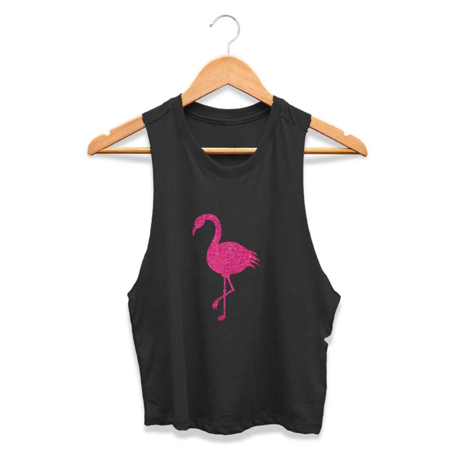 Pink Glitter Flamingo Summer Beach Ocean Florida Animal CPY Womans Crop Tanktop Tee