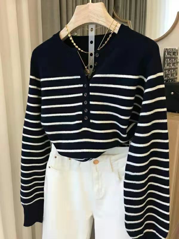 Autumn and Winter Women Striped Wool Blend Sweater O-Neck Sailor Pullover Cashmere Sweater Slim Knitted Warm Base Shirt alx