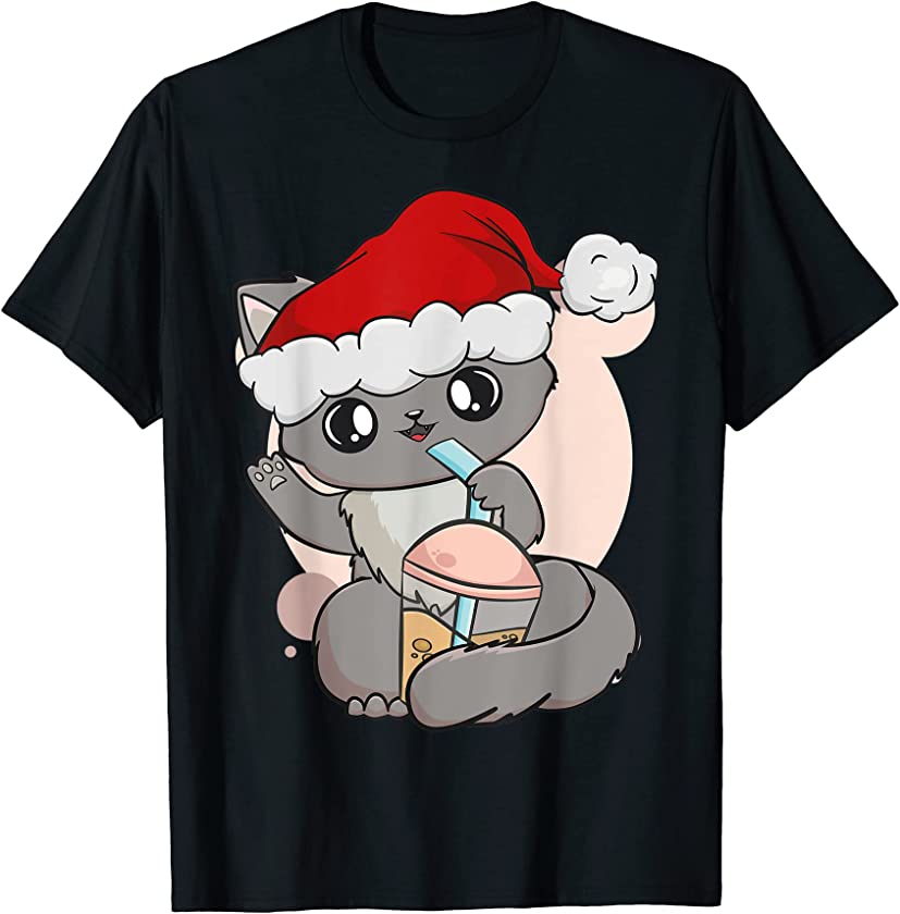 Cat Boba Tea Bubble Tea Anime Kawaii Neko Christmas Kitten T-Shirt