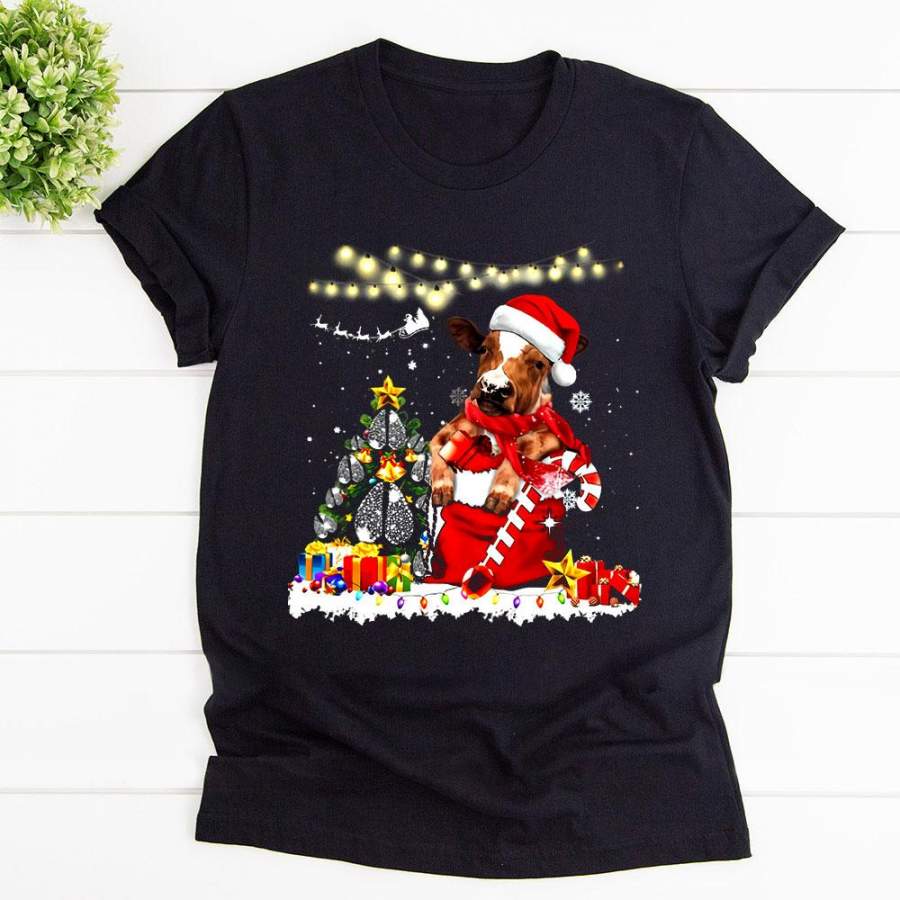 Cow farm merry christmas candy cane light santa hat snow gift black cotton t shirt for men and women S-6XL