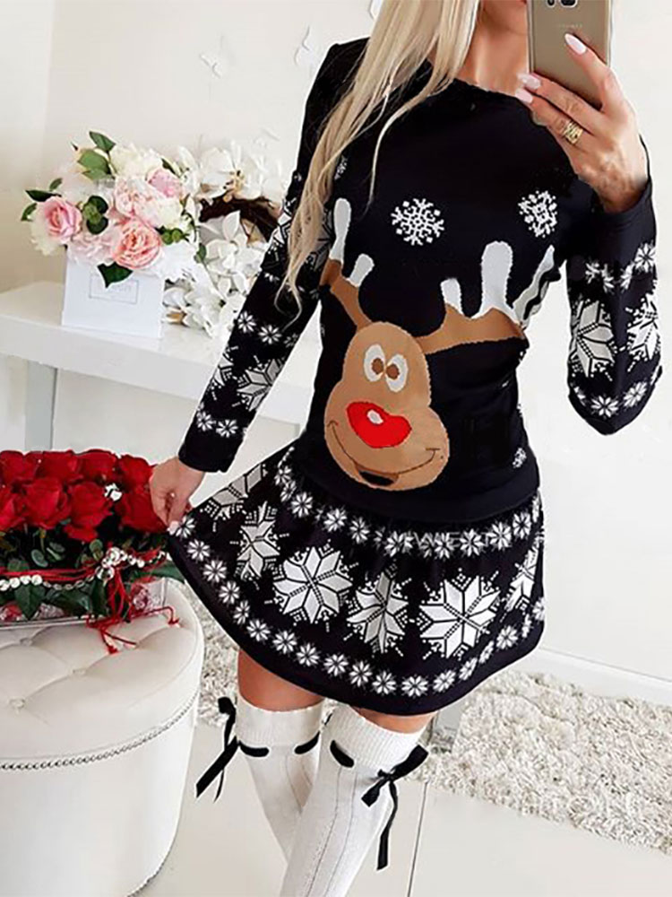 Christmas 2022 Elk Printed Party Sweater Women Fashion O Neck Long Sleeve Pullover Female Autumn Winter Sexy Bodycon Lady Tops alx