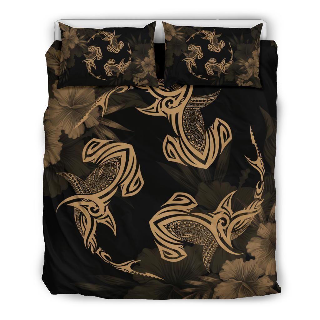 Alohawaii Bedding Set – Cover And Pillow Cases Hawaiian Hammerhead Shark Hibiscus Gold Polynesian – Ah – J4