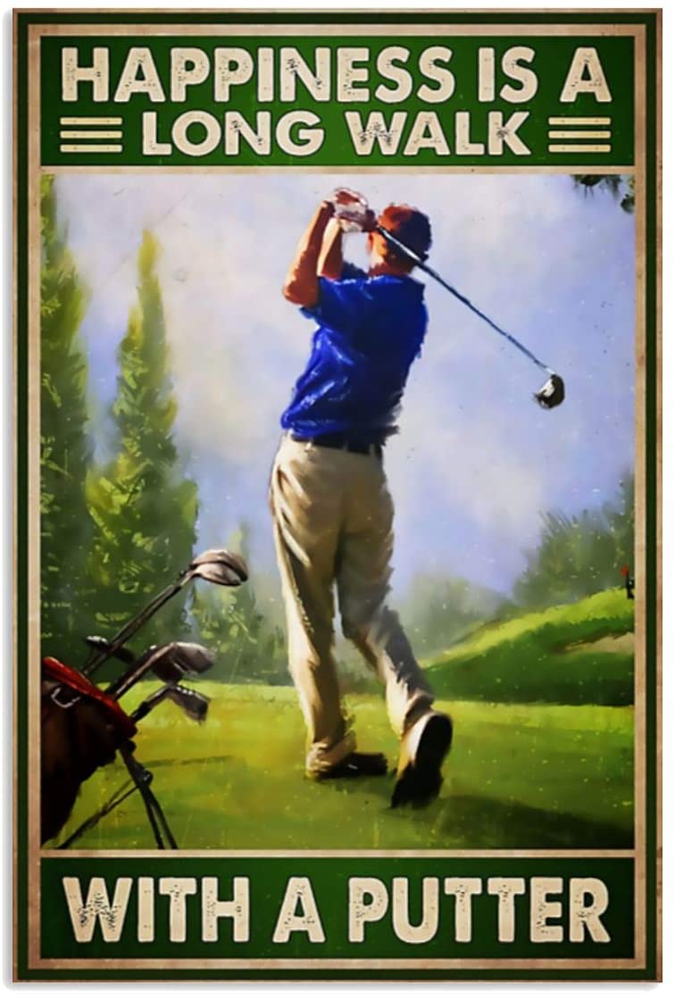 Vintage Man Playing Golf – Happiness Is A Long Walk Golf With A Putter Poster Art Print      Home Decor Gift For Men Women Family Friend On Birthday Xmas