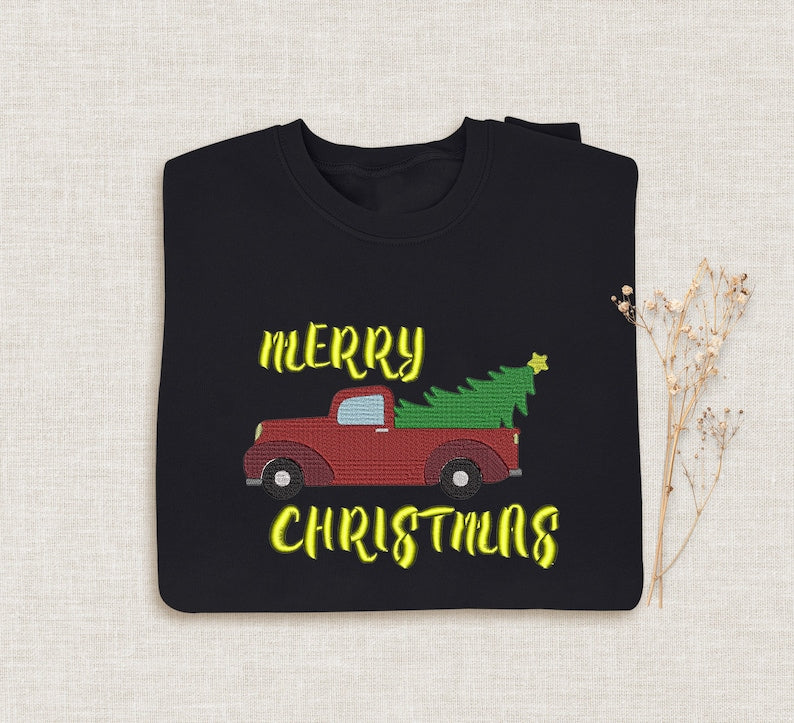 Red Harvest Truck Merry Christmas Embroidered Sweatshirt