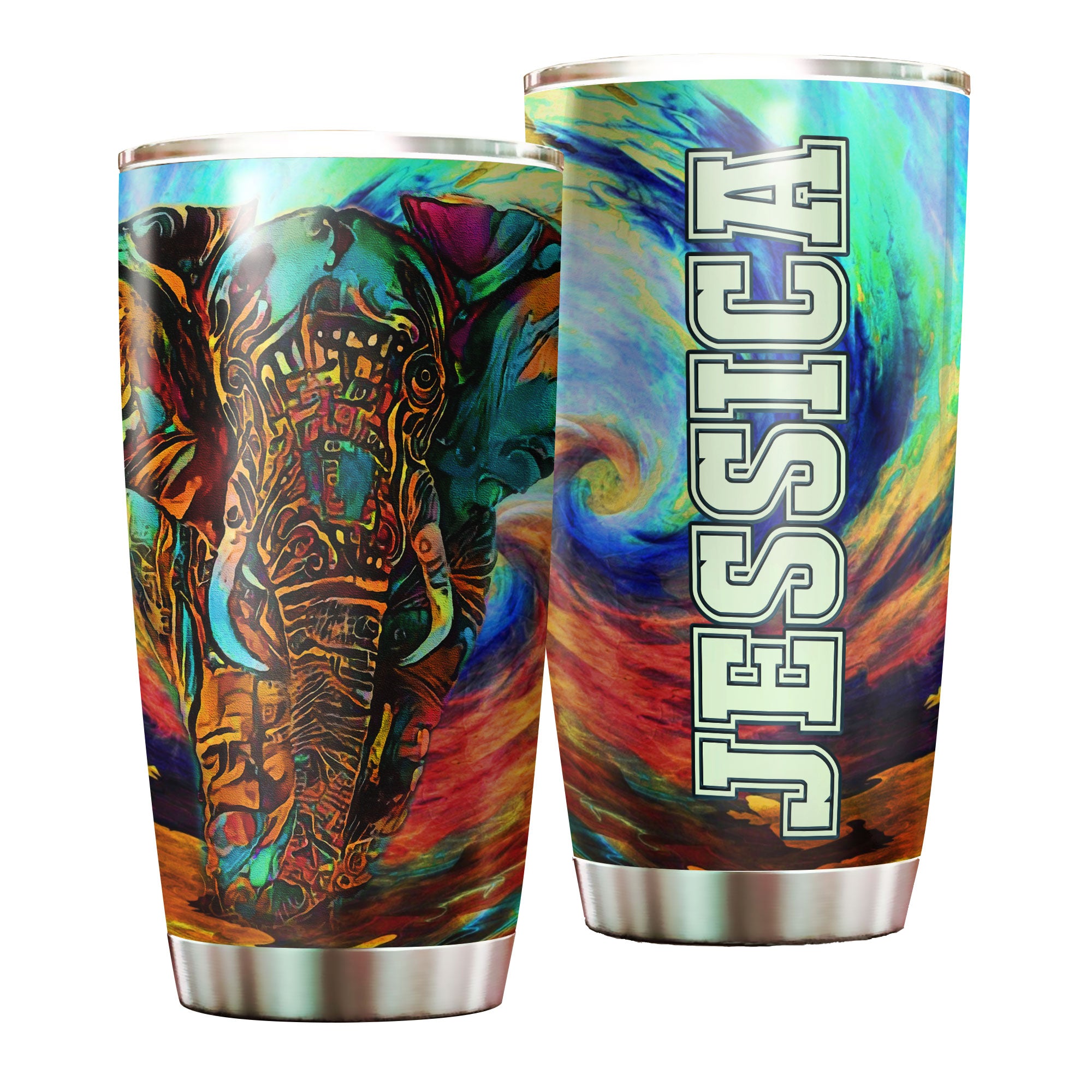 Personalized 3D Colorful Hippie Elephant Stainless Steel Tumbler – Customized Double-Walled Insulation Thermal Cup With Lid