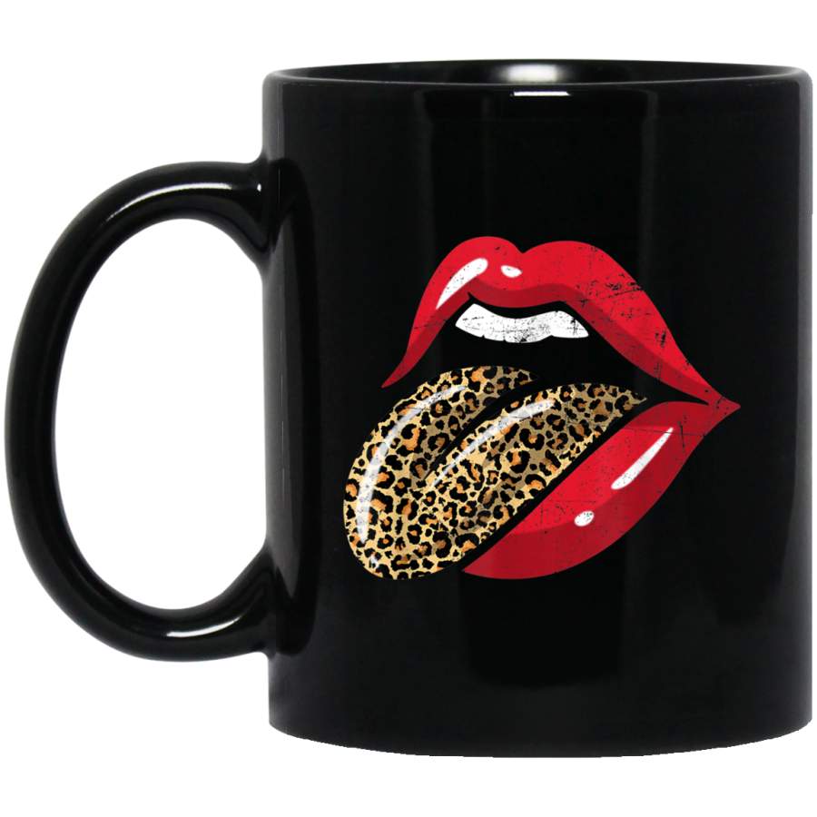 Red Lips Leopard Tongue Trendy Animal Print Graphic Gift Black Mug