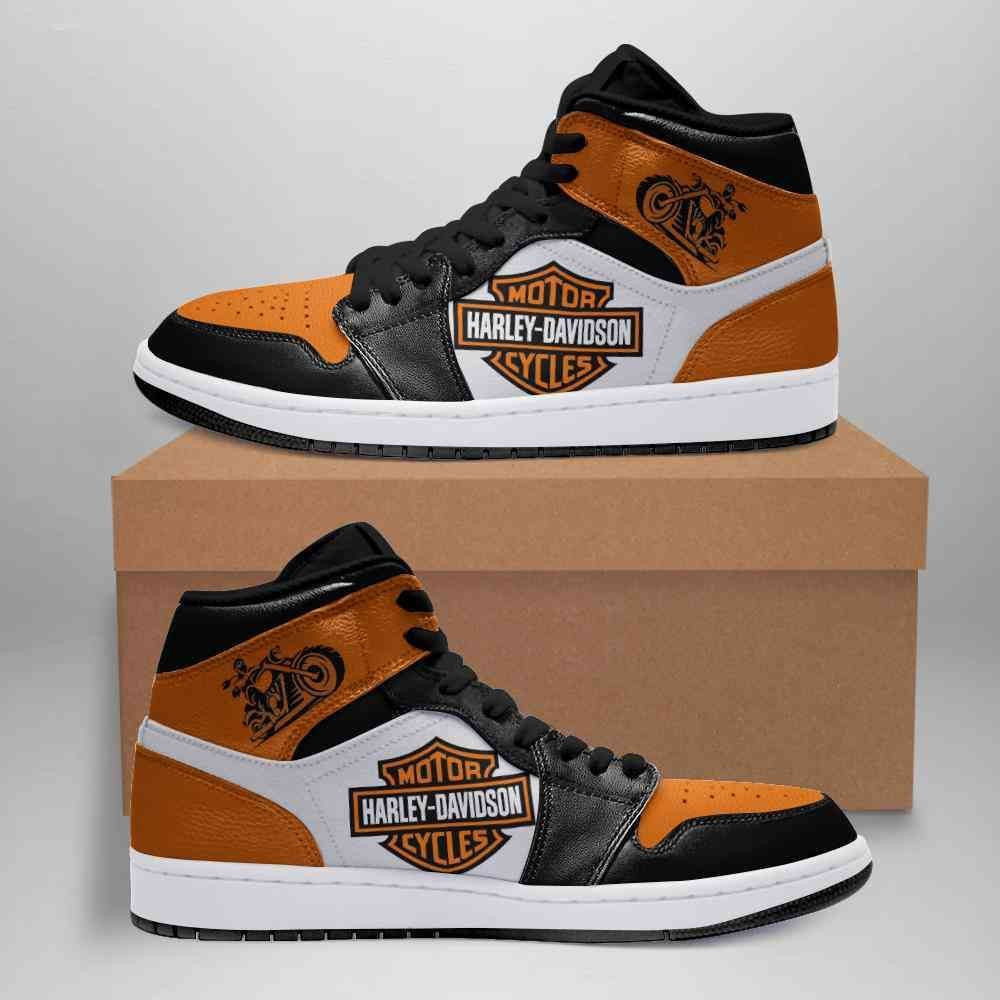 Orange And White Black Harley Davidson Logo Air Jordan 1 High Printing Shoes Sneaker