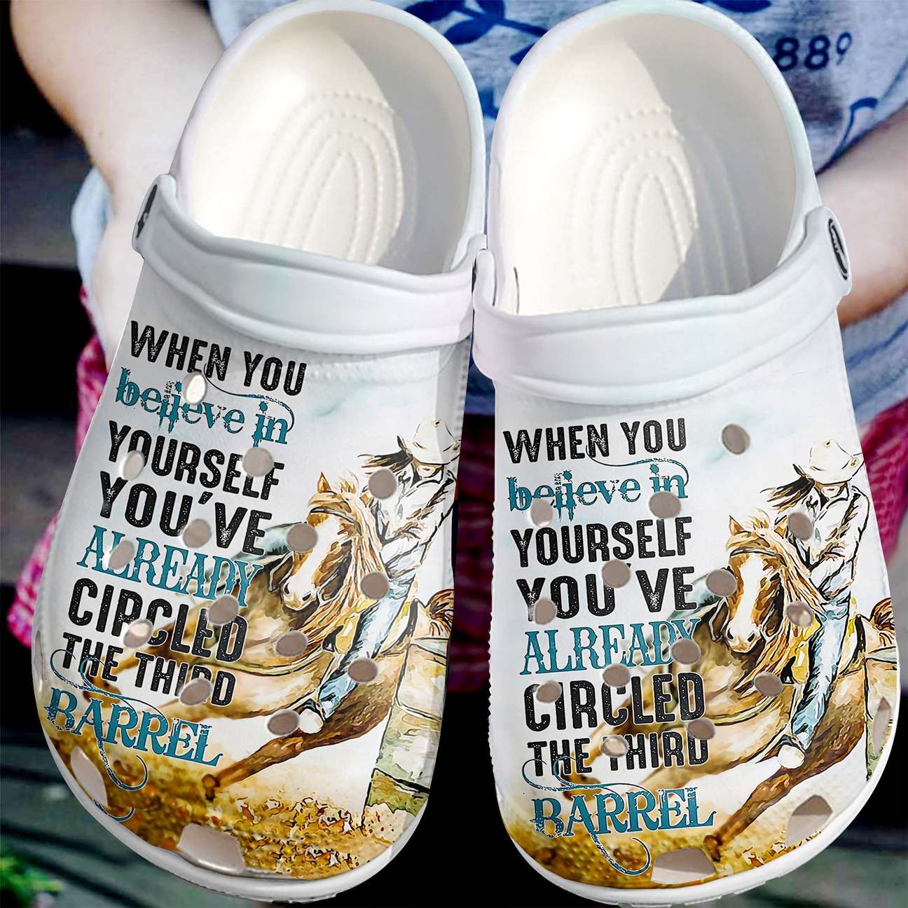 Barrel Racing Personalized Clog, Custom Name, Text Believe In Yourself, Fashion Style For Women, Men, Kid, Print 3D