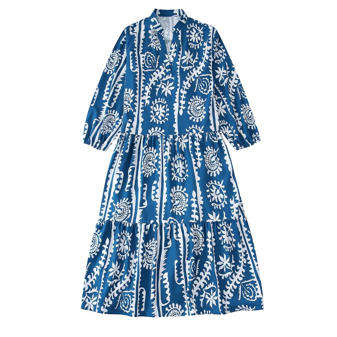 ZEVITY Women Vintage Leaves Floral Print Pleats Patchwork Loose Midi Dress Female Chic Casual Big Swing Kimono Vestidos DS1712 alx