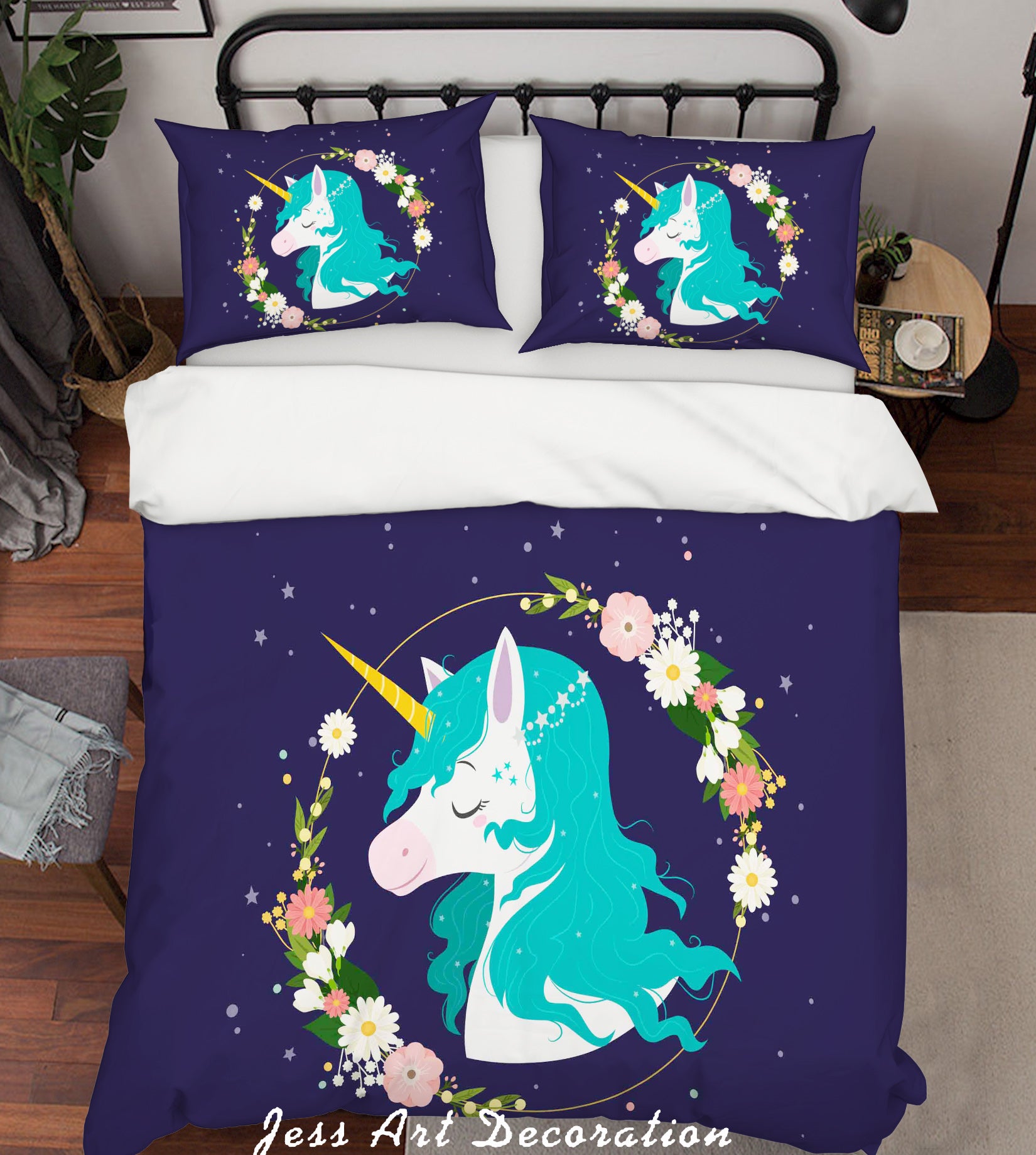 3D Blue Unicorn Floral Quilt Cover Set Bedding Set Pillowcases 25