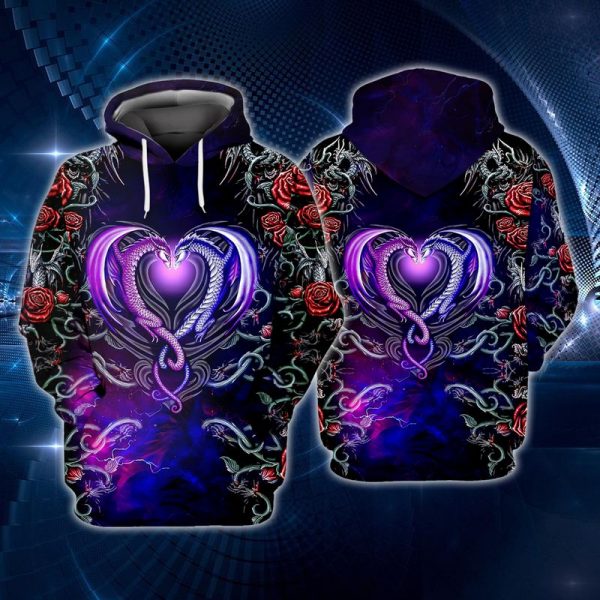 Dragon Heart Love Rose Couple Hoodie Neon Light Matching Hoodie Valentine’S Day Gift Hn