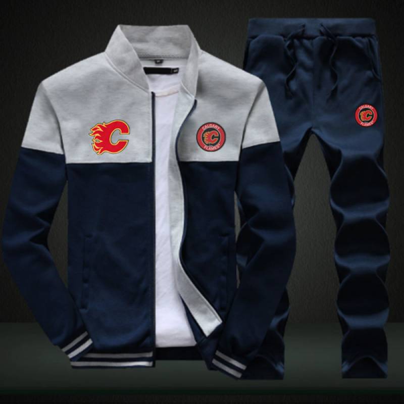 Calgary Flames Sweatshirt +Sweatpants Mens Clothing 2 Pieces Sets Slim Tracksuit