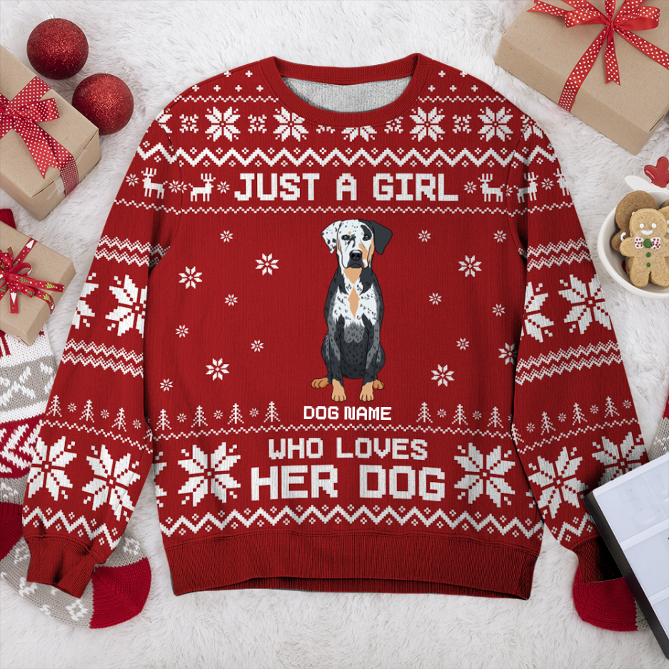 Catahoula Just A Girl Personalized Sweater, Dog Ugly Christmas Sweater