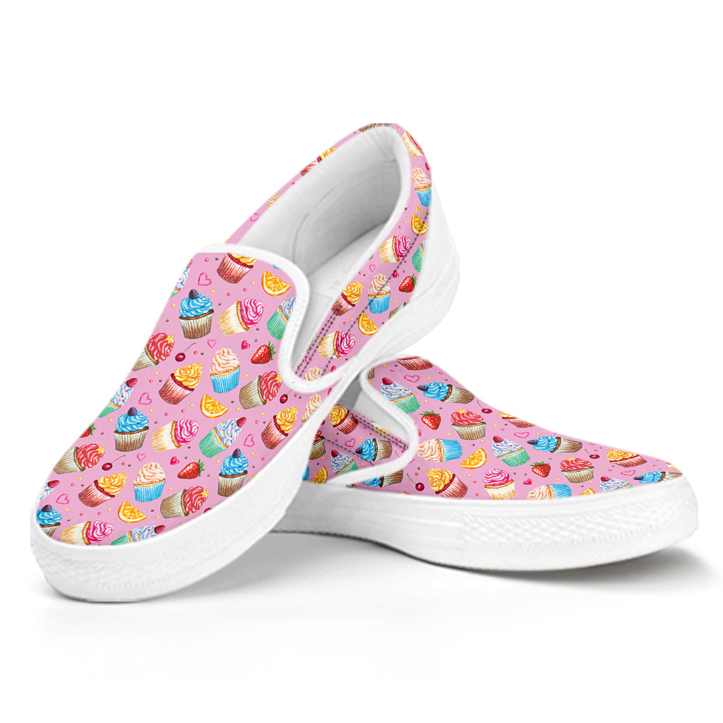 Watercolor Cupcake Pattern Print White Slip On Shoes