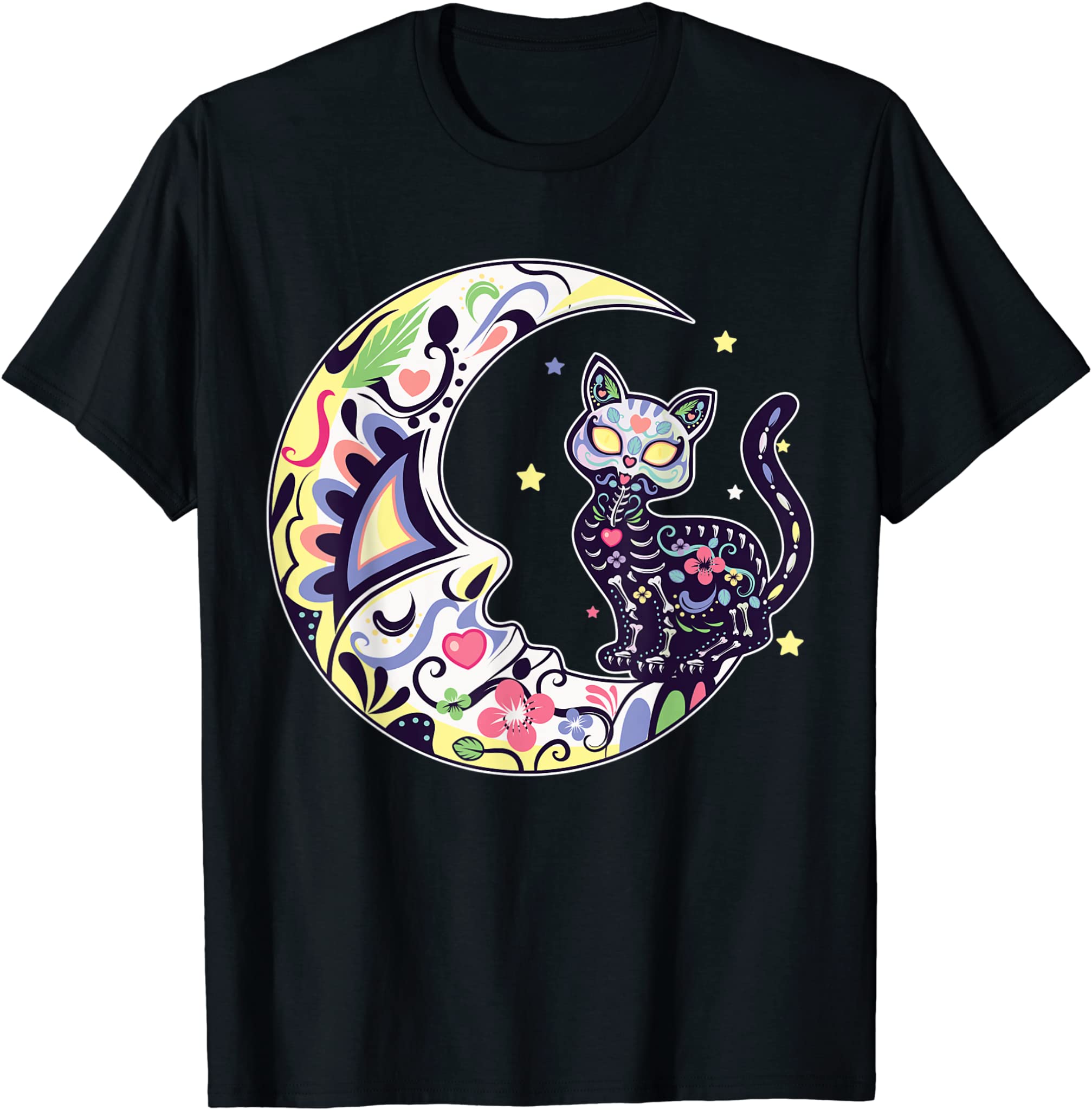 Cat And Moon Sugar Skull Dia De Los Muertos Day Of The Dead T-Shirt