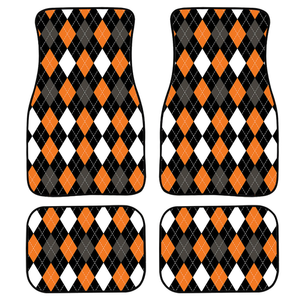 Orange Black Grey And White Argyle Print Front And Back Car Floor Mats, Front Car Mat