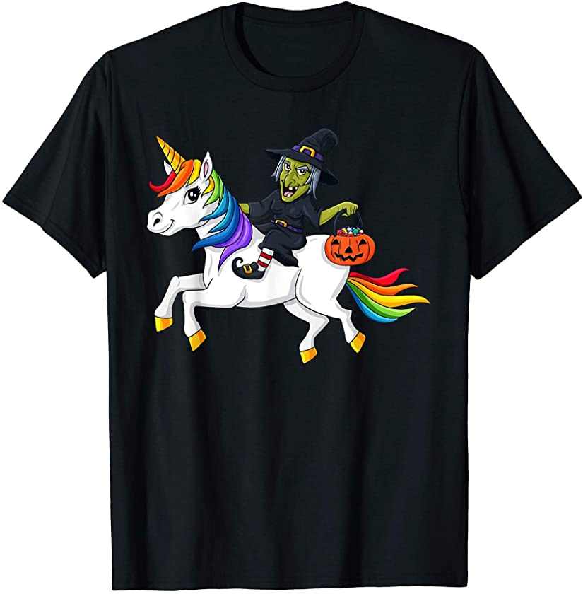 Witch Riding Unicorn Funny Halloween Girls Kids T-Shirt