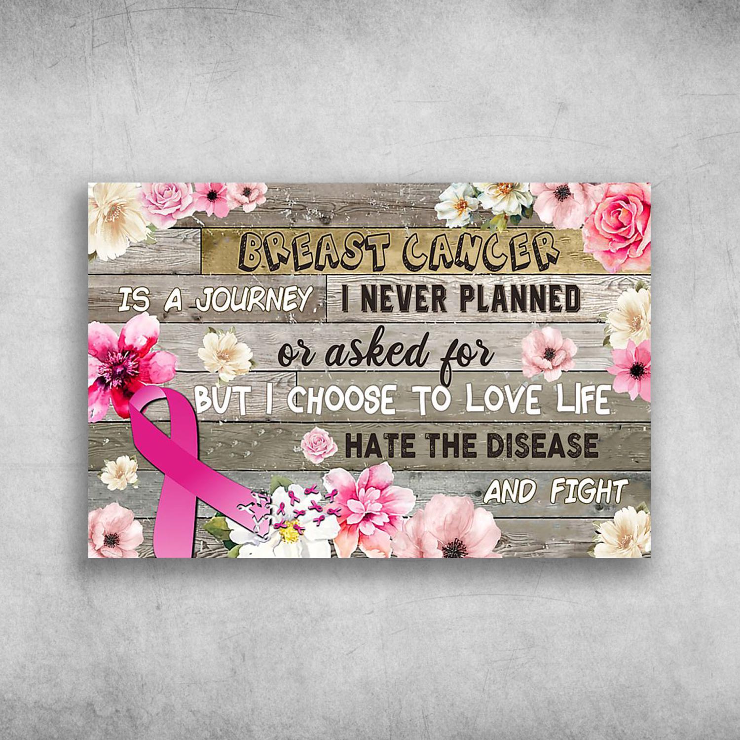 Breast Cancer Is A Journey Pink Ribbon With Beautiful Flower Poster Print Wall Art Canvas Wall Decor