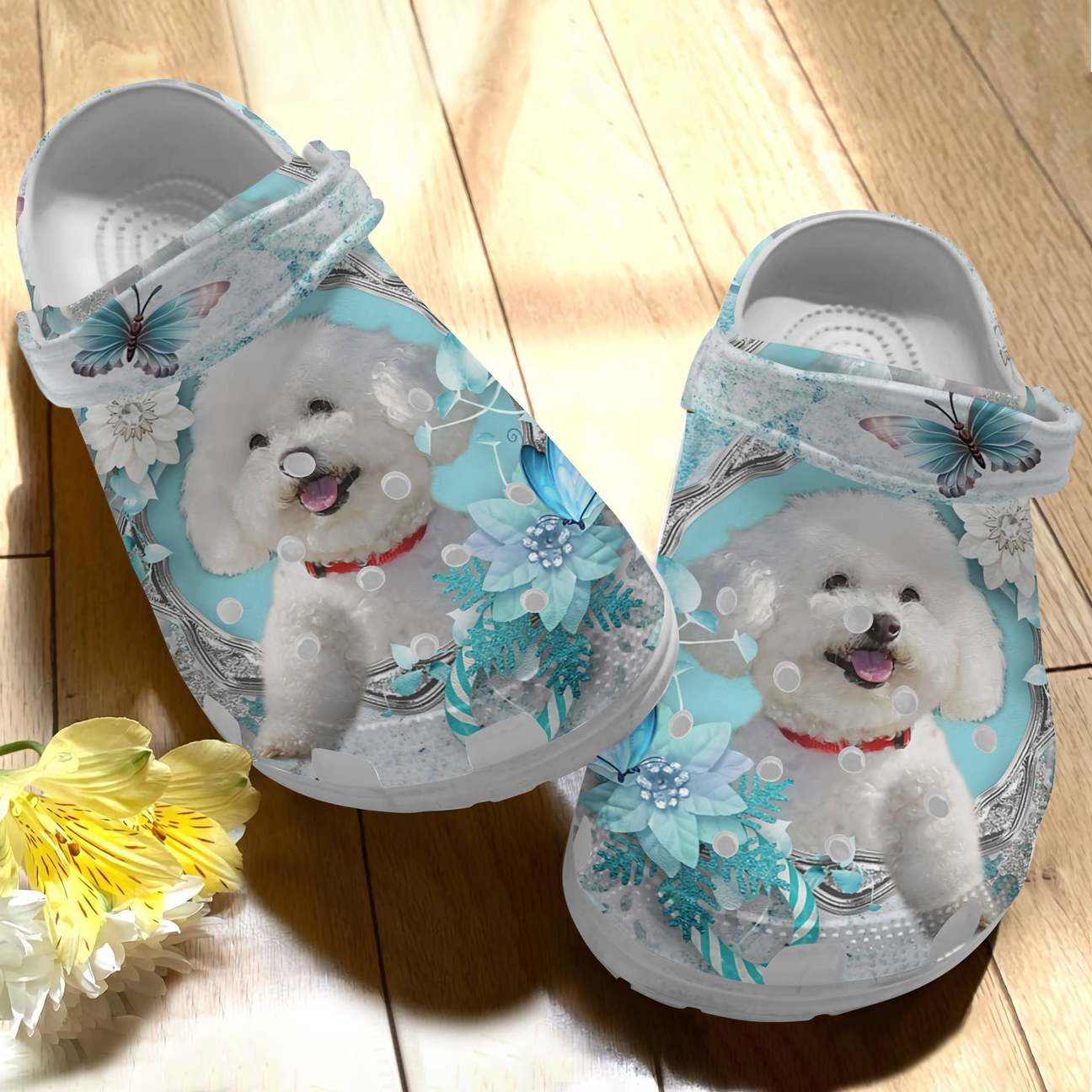 Bichon Frise Personalized Clog, Custom Name, Text Bichon Frise Blue Butterfly, Fashion Style For Women, Men, Kid, Print 3D